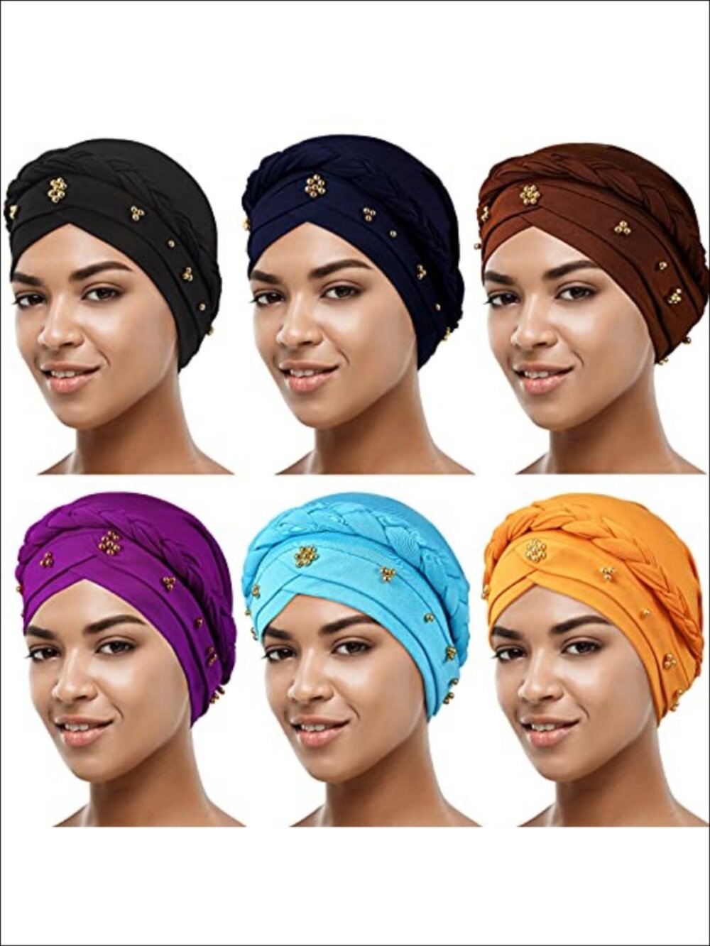 6 Pc Twisted Braid Turban Head Wraps Faux Pearl Beaded Headscarves